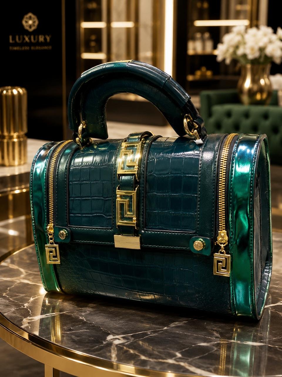 Green Crocodile-Embossed Box Bag