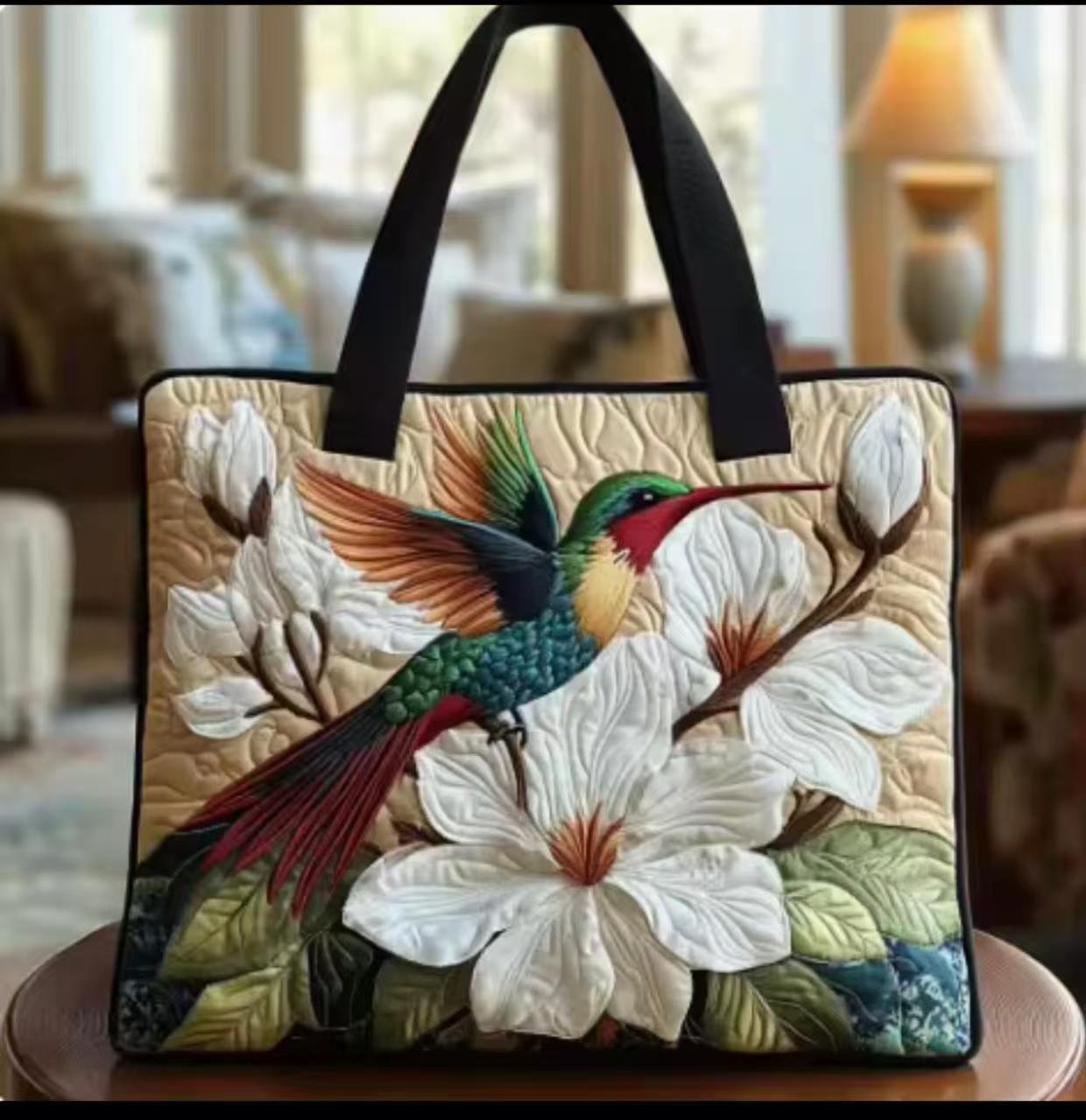 Hummingbird Floral Quilted Tote