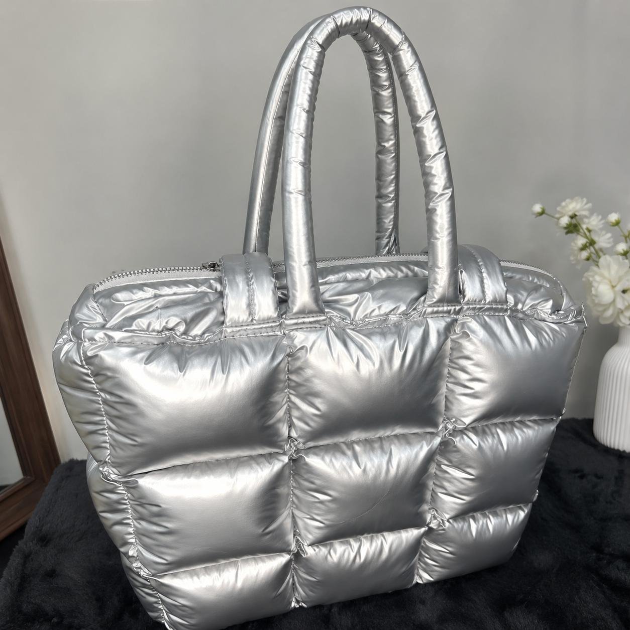 Silver Quilted Puffer Tote